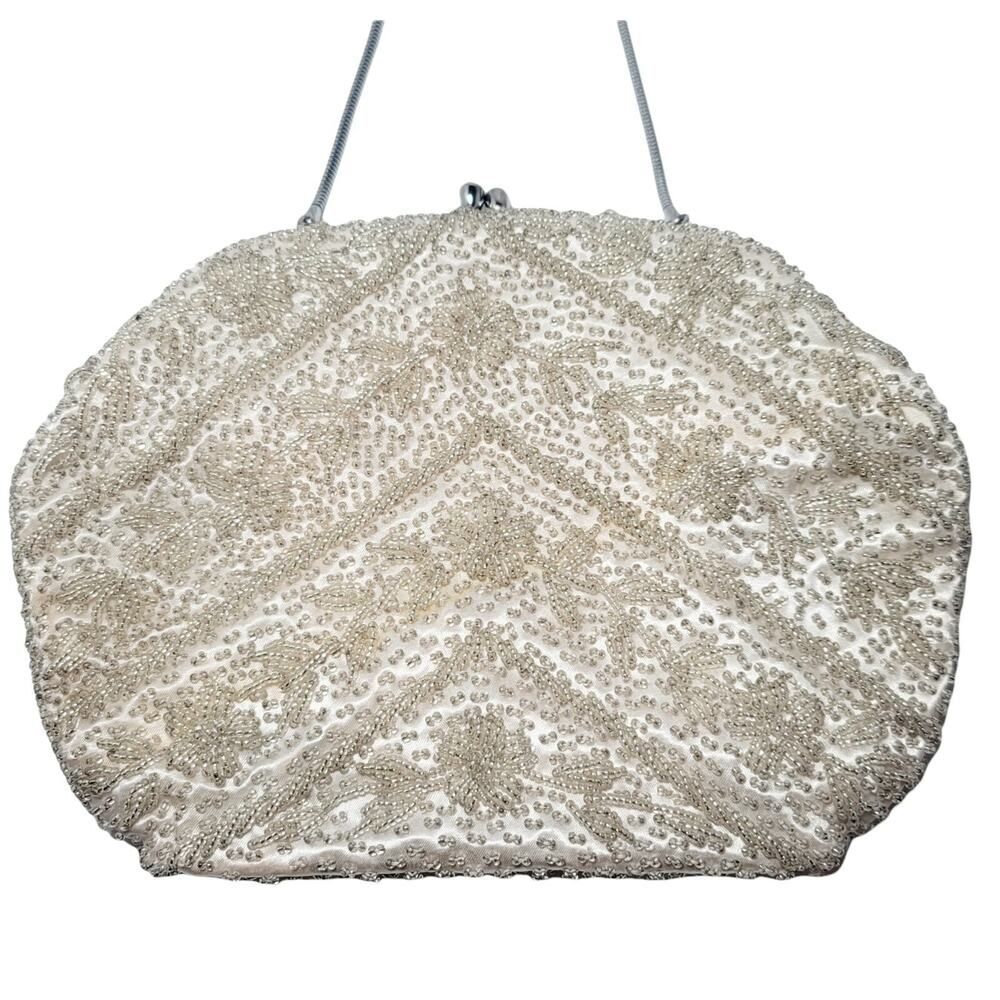 Vintage Off White Beaded Evening Formal Purse Bag Beige Metal Clasp Closure READ - Picture 3 of 12